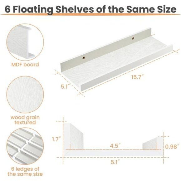 Upsimples Floating Wall Shelves Set of 6 Wood Storage for Home Decor White - Picture 3 of 8